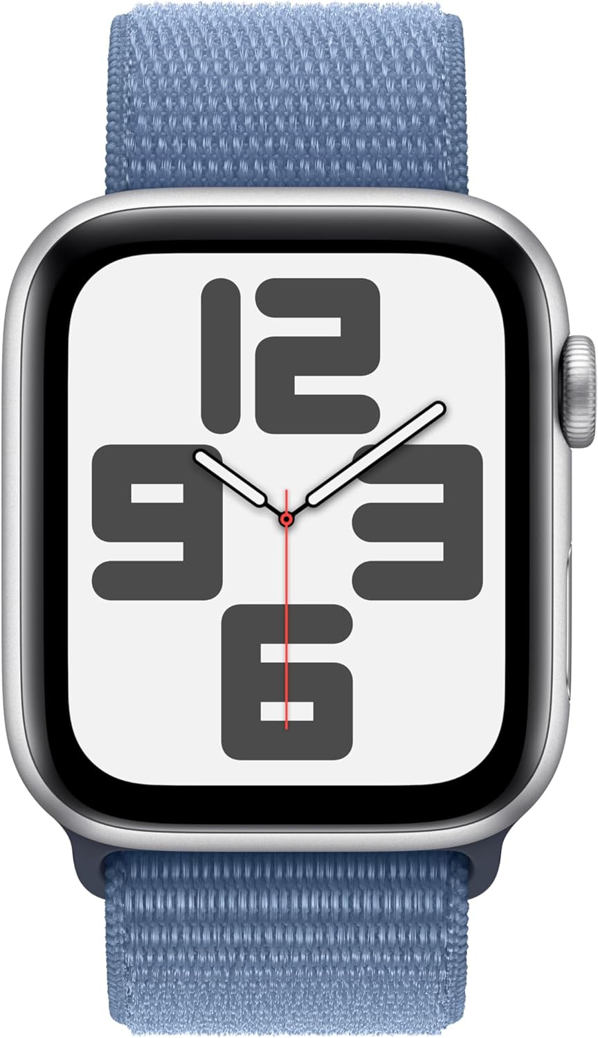 Apple Watch SE (2nd Gen, 2023)  Smartwatch with Silver Aluminium Case with Winter Blue Sport Loop. Fitness & Sleep Tracker, Crash Detection, Heart Rate Monitor, Carbon Neutral Sport Loop 44mm case Silver/Winter Blue One Size - fits 145-220mm wrists