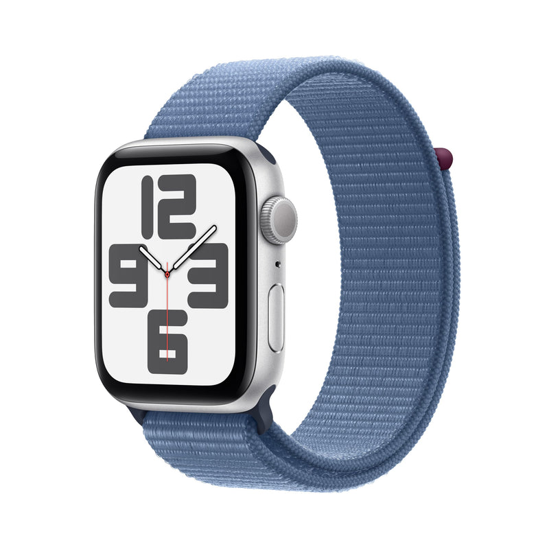 Apple Watch SE (2nd Gen, 2023)  Smartwatch with Silver Aluminium Case with Winter Blue Sport Loop. Fitness & Sleep Tracker, Crash Detection, Heart Rate Monitor, Carbon Neutral Sport Loop 44mm case Silver/Winter Blue One Size - fits 145-220mm wrists
