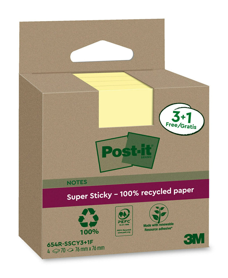 Post-it Super Sticky 100% Recycled Notes, Pack of 3+1 Free Pads, 70 Sheets per Pad, 76 mm x 76 mm, Canary Yellow - Extra Sticky Notes Made from 100% Recycled Paper