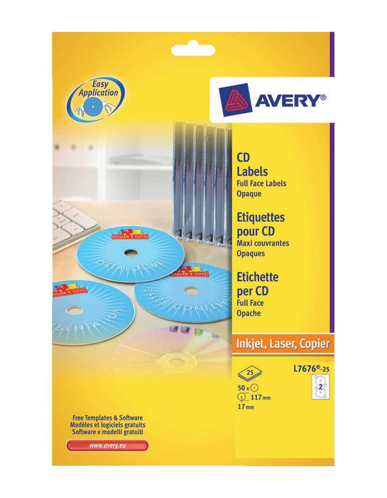 Avery L7676-25 Self-Adhesive Full Face CD Labels, 2 Labels Per A4 Sheet, White