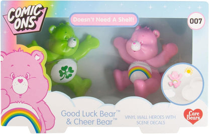 Care Bears Comic Ons™. Collectible Figurines with Vinyl Stickers. 2 Wall Mountable 3D Figures with Re-Usable Gel Pad Stickers. Features Good Luck & Cheer Bear. Official Care Bears Merchandise.