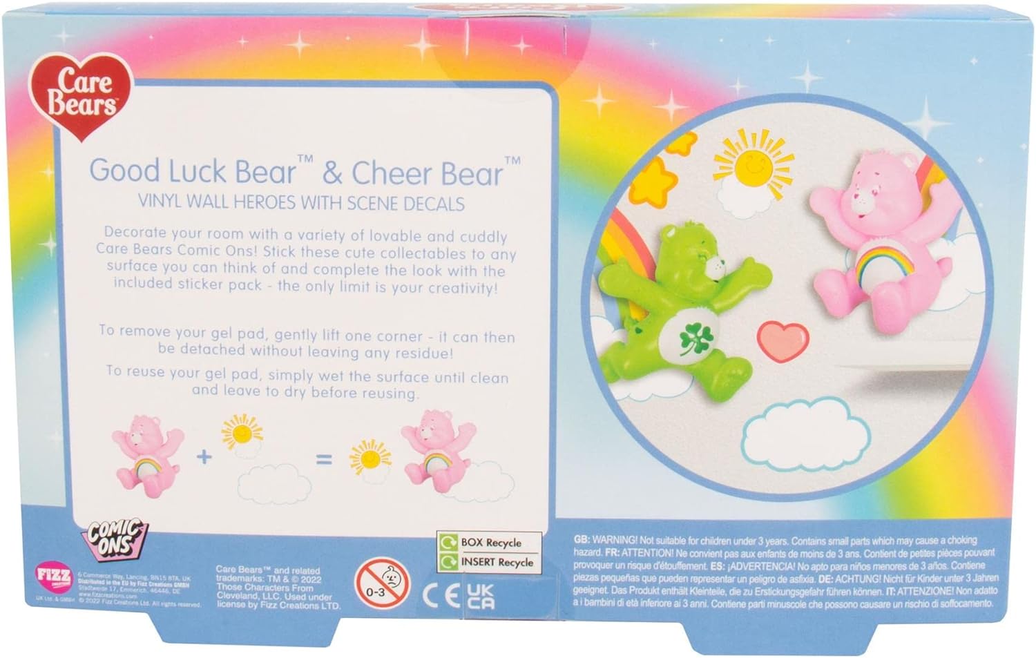 Care Bears Comic Ons™. Collectible Figurines with Vinyl Stickers. 2 Wall Mountable 3D Figures with Re-Usable Gel Pad Stickers. Features Good Luck & Cheer Bear. Official Care Bears Merchandise.