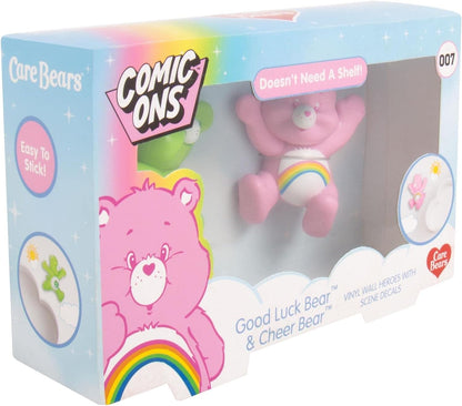 Care Bears Comic Ons™. Collectible Figurines with Vinyl Stickers. 2 Wall Mountable 3D Figures with Re-Usable Gel Pad Stickers. Features Good Luck & Cheer Bear. Official Care Bears Merchandise.