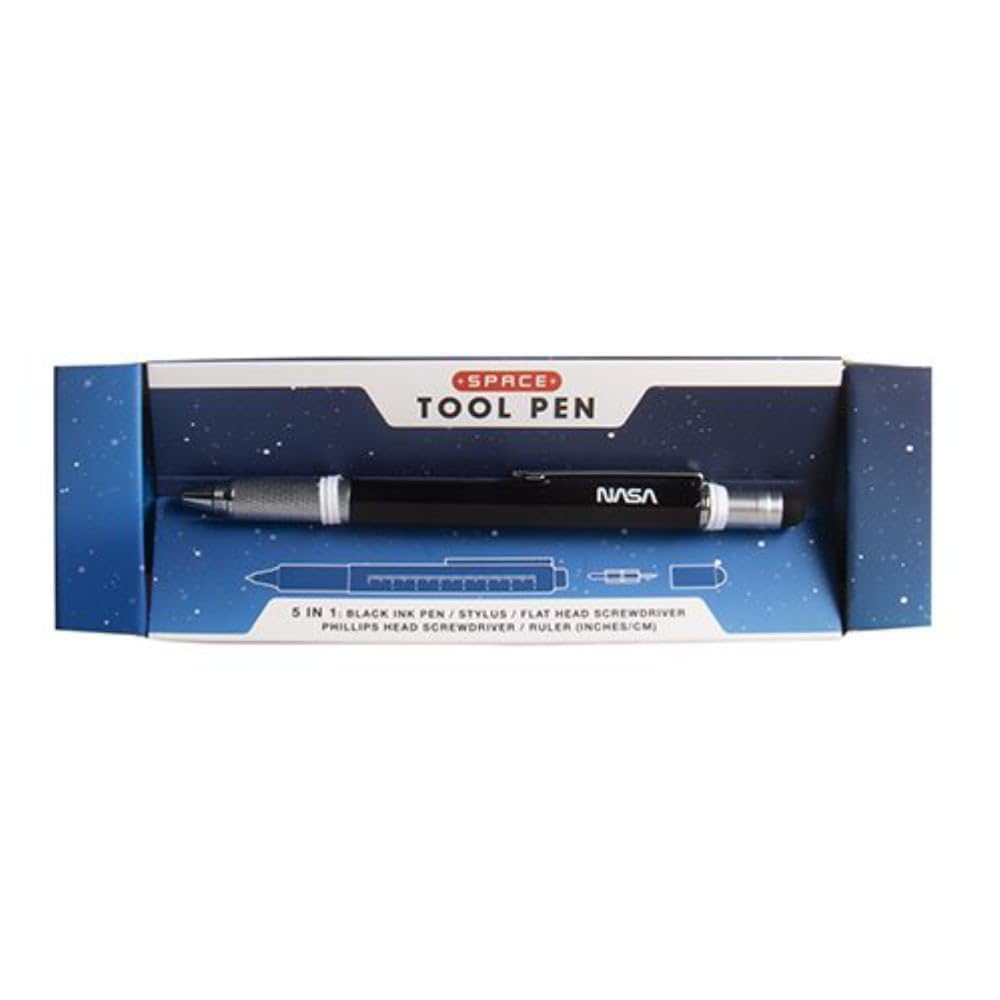 Fizz Creations NASA Space Multi Tool Pen. 5-in-1 Black Ink Pen also includes Stylus, Flat Head Screwdriver, Phillips Head Screwdriver & Ruler in Presentation Gift Box.