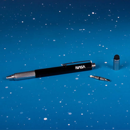 Fizz Creations NASA Space Multi Tool Pen. 5-in-1 Black Ink Pen also includes Stylus, Flat Head Screwdriver, Phillips Head Screwdriver & Ruler in Presentation Gift Box.