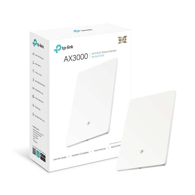 TP-Link Wi-Fi 6 AX3000 Dual-Band Wi-Fi 6 Air Range Extender, Gigabit Port, Ultra-Thin and Minimalist Design, OneMesh™ Supported, WPA3 Security,Easy Setup and Use, Flexible Installation (Archer Air E5) Wi-Fi Booster AX3000 Gigabit Port|Ultra thin