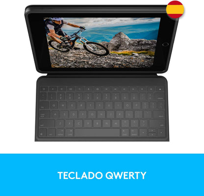 Logitech Rugged Folio for iPad (7th, 8th, & 9th generation) Protective Keyboard Case, QWERTY Spanish Layout - Graphite