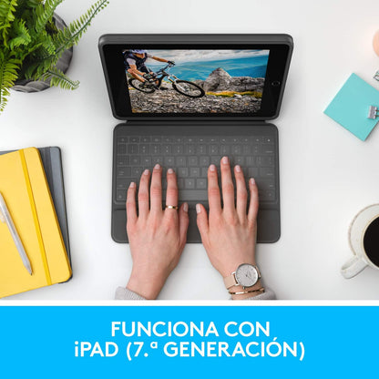 Logitech Rugged Folio for iPad (7th, 8th, & 9th generation) Protective Keyboard Case, QWERTY Spanish Layout - Graphite