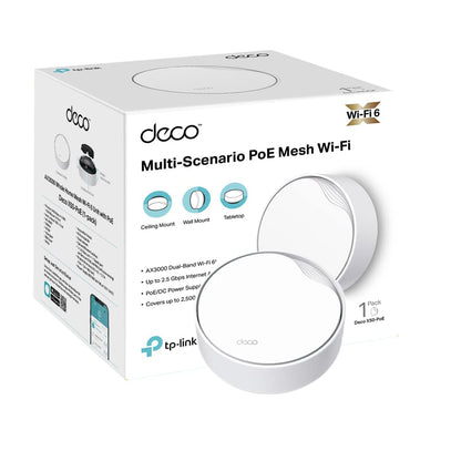 TP-Link Deco X50-PoE AX3000 Whole Home Mesh Wi-Fi 6 with PoE, Dual-Band, Gigabit Ports, AI-Driven Mesh, cover up to 2,500 ft2, Connect up to 150 devices, 1.0 GHz Dual-Core CPU, HomeShield, Pack of 1