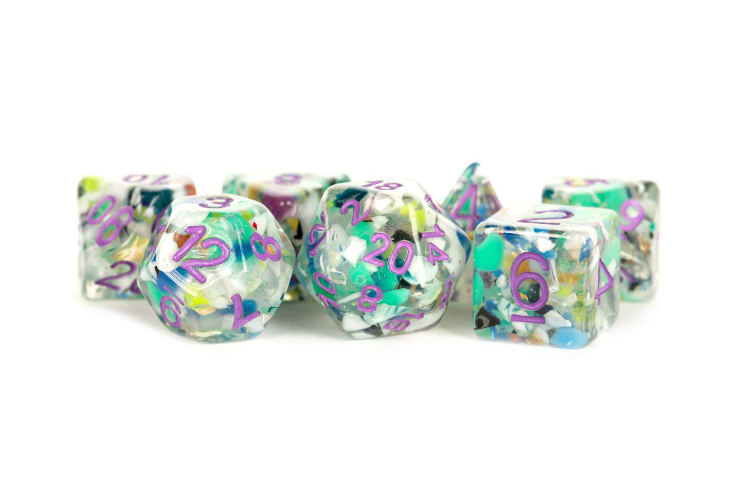 Recycled Dice with Purple Numbers 16mm Poly Set