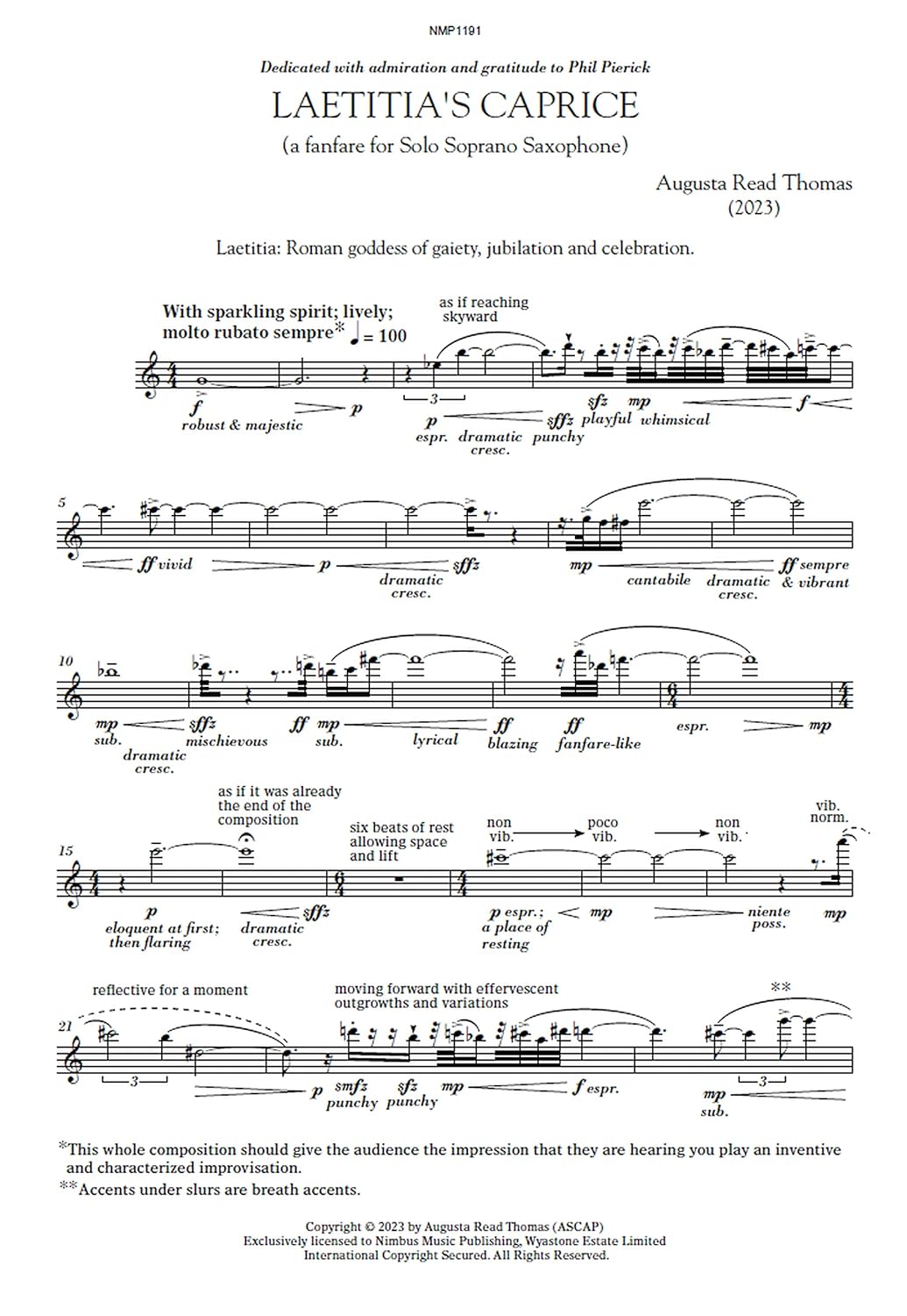 Augusta Read Thomas: Laetitia's Caprice a fanfare for solo soprano saxophone (Nimbus Music Publishing NMP1191
