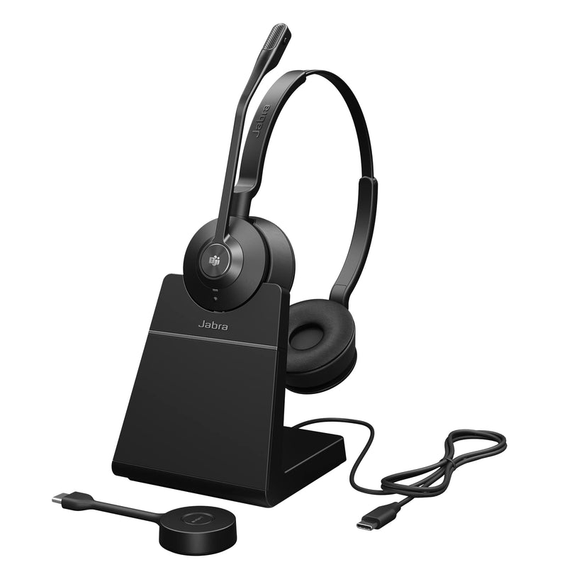 Jabra Engage 55 Stereo Wireless Headset with Link 400 USB-C DECT Adapter - Noise-Cancelling Mic, Extensive Range, and Charging Stand - MS Teams certified, works with all other platforms - Black USB-C