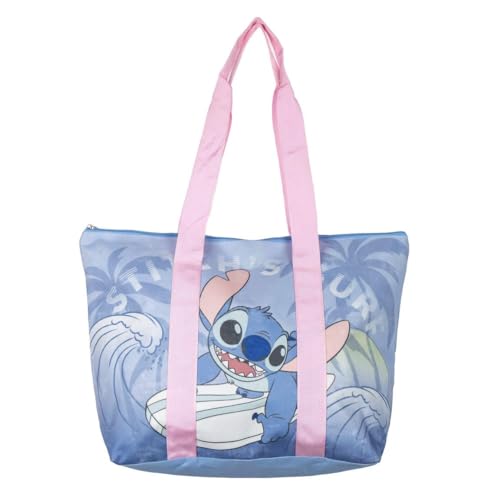 CERDÁ LIFE'S LITTLE MOMENTS Stitch Beach Bag - Blue - 47 x 33 x 15 cm - Made of Polyester - Fabric Bag with Zip - Spacious Main Compartment - Original Product Designed in Spain, blue, Utility