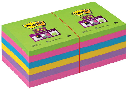 Post-it Super Sticky Notes Assorted Colours, Pack of 12 Pads, 90 Sheets per Pad, 76 mm x 76 mm - Extra Sticky Notes For Note Taking & To Do Lists