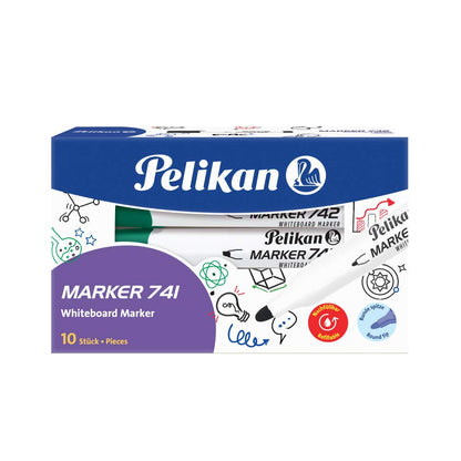 Pelikan 818001 Whiteboard Marker 741 with Round Wick, Green, Pack of 10 in Folding Box Green Runddocht