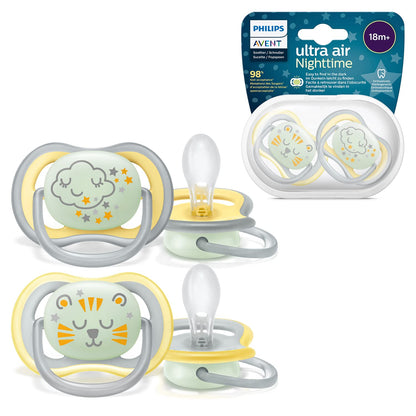 Philips Avent SCF376/01 2 Ultra Air Dummies, 18 Months and +, Orthodontic and BPA , Glow in The Dark Cloud/Tiger