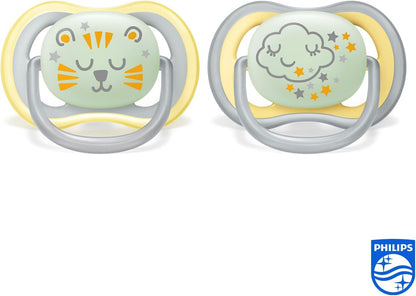 Philips Avent SCF376/01 2 Ultra Air Dummies, 18 Months and +, Orthodontic and BPA , Glow in The Dark Cloud/Tiger