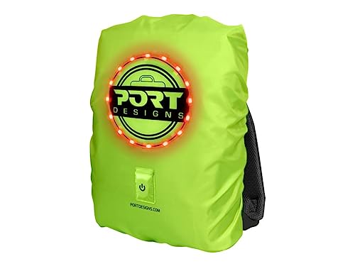 Port Designs Be VISIBL Universal High Visibility Rain Cover with On/Off LED Rechargeable for Backpacks up to 25 litres 14/15.6 Inches, Flashy Yellow, 14/15,6 pouces, Rainproof and Flashy Yellow