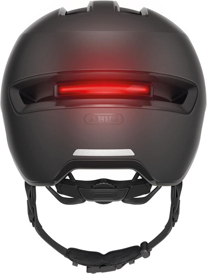 ABUS HUD-Y ACE city helmet - stylish bike helmet with visor and magnetic, rechargeable rear LED light - for men and women M (54-58 cm) Schwarz (velvet black)
