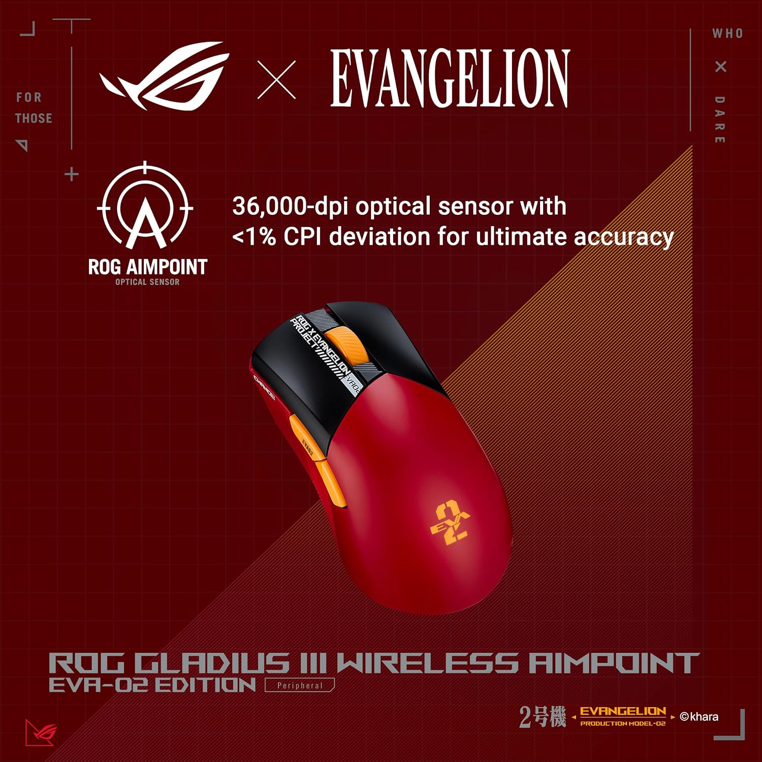 ASUS ROG Gladius III Wireless AimPoint EVA-02 Edition Gaming Mouse, 2.4GHz RF, Bluetooth, 36K dpi Sensor, 6 Programmable Buttons, ROG SpeedNova, Replaceable Switches, Paracord Cable, Red
