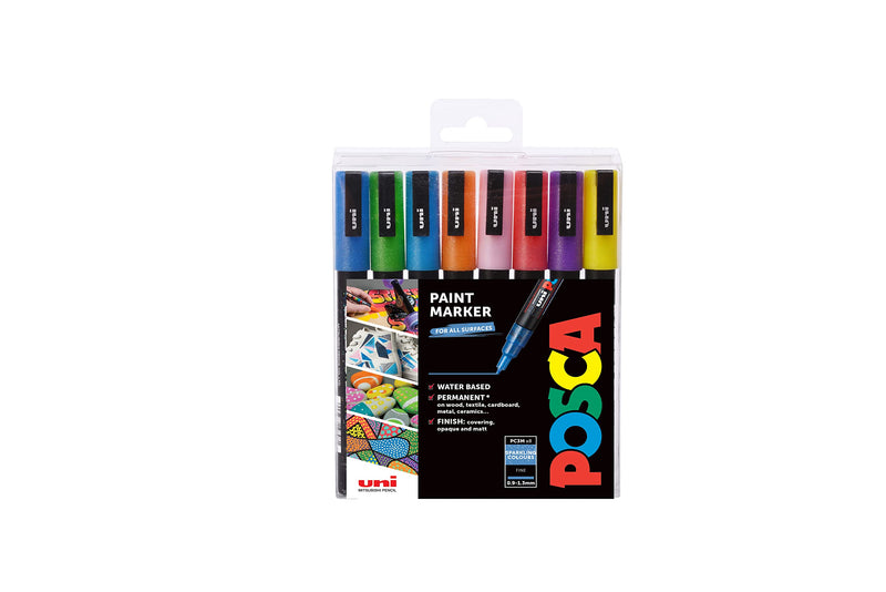 POSCA PC-3M Permanent Marker Paint Pens. Fine Tip for Art & Crafts. Multi Surface Use On Wood Metal Paper Canvas Cardboard Glass Fabric Ceramic Rock Pebble Stone Porcelain. Set of 8 Sparkling Colours 8 Fine Tip Sparkling