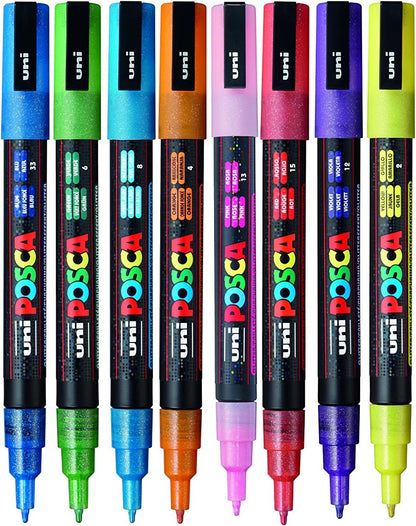 POSCA PC-3M Permanent Marker Paint Pens. Fine Tip for Art & Crafts. Multi Surface Use On Wood Metal Paper Canvas Cardboard Glass Fabric Ceramic Rock Pebble Stone Porcelain. Set of 8 Sparkling Colours 8 Fine Tip Sparkling