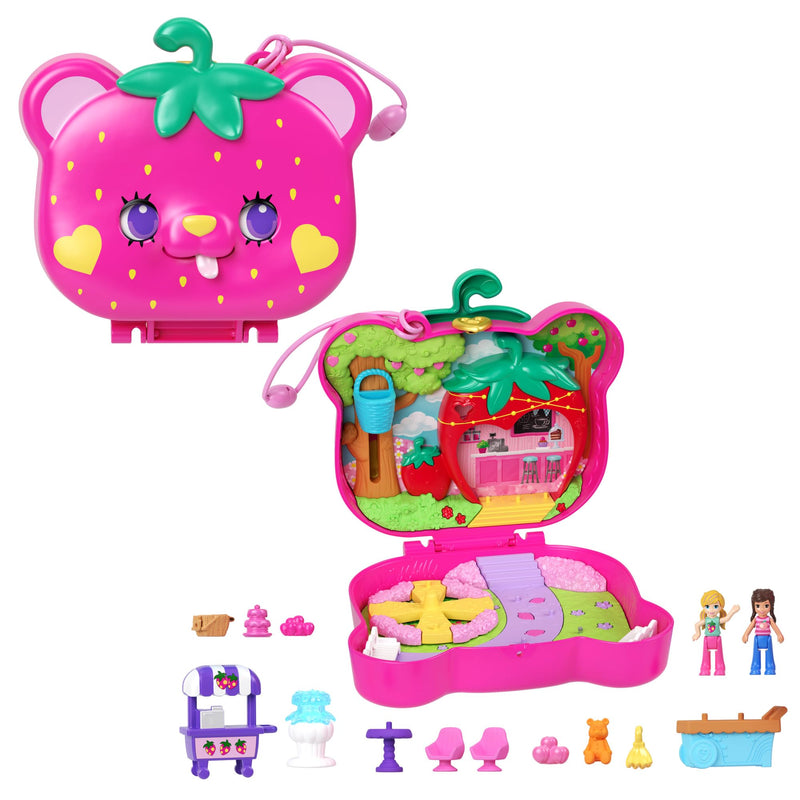 Polly Pocket Dolls and Playset, Travel Toy with Fidget Exterior, Straw-beary Patch Compact with 2 Micro Dolls and 12 Accessories, HRD35