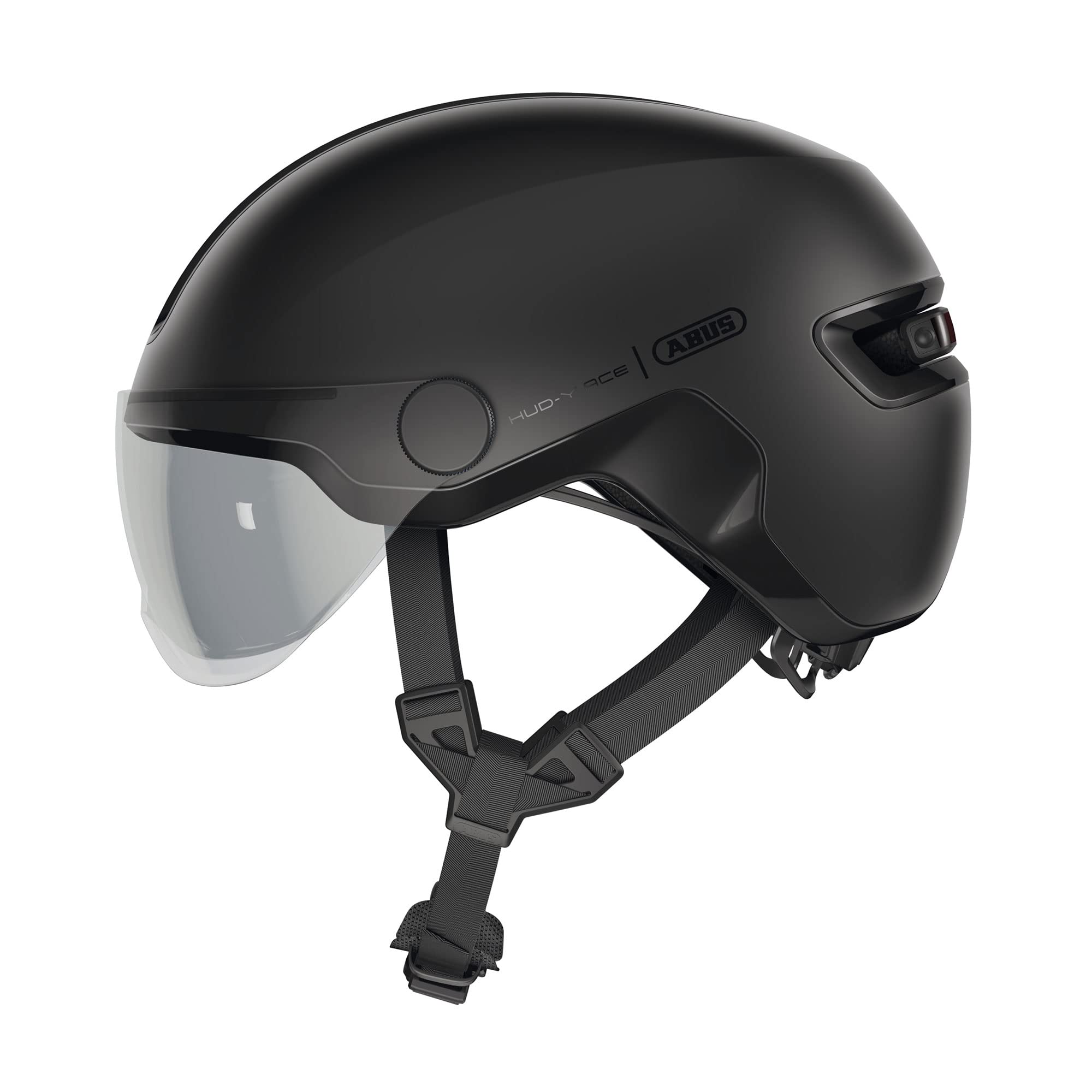 ABUS HUD-Y ACE city helmet - stylish bike helmet with visor and magnetic, rechargeable rear LED light - for men and women S (51-55cm) Schwarz (velvet black)