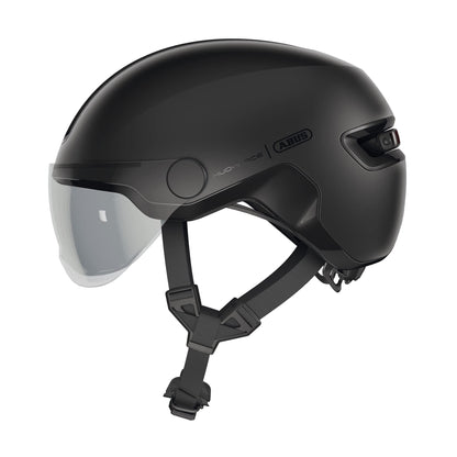 ABUS HUD-Y ACE city helmet - stylish bike helmet with visor and magnetic, rechargeable rear LED light - for men and women S (51-55cm) Schwarz (velvet black)