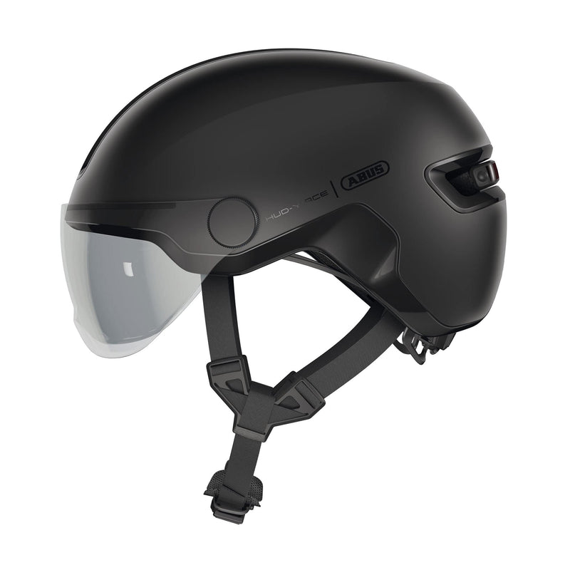 ABUS HUD-Y ACE city helmet - stylish bike helmet with visor and magnetic, rechargeable rear LED light - for men and women S (51-55cm) Schwarz (velvet black)