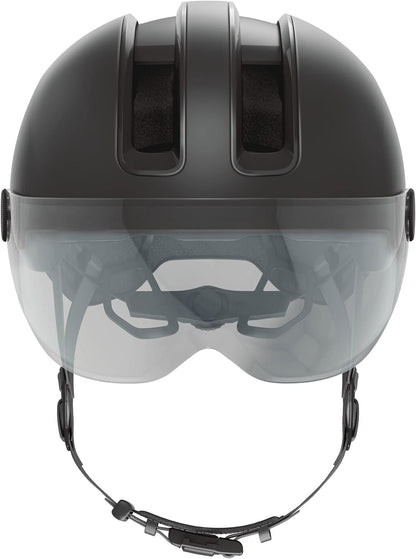 ABUS HUD-Y ACE city helmet - stylish bike helmet with visor and magnetic, rechargeable rear LED light - for men and women S (51-55cm) Schwarz (velvet black)