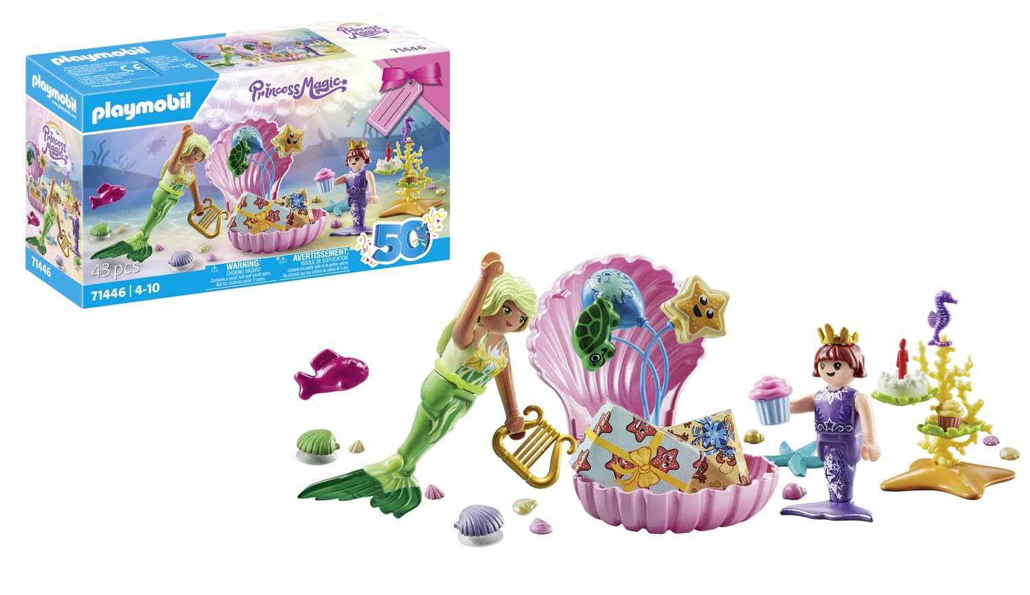 Playmobil 71446 Princess Magic: Mermaid Birthday Party, cheerful celebration with two mermaids and colourful gifts, fun imaginative role-play, artistic play sets suitable for children ages 4+