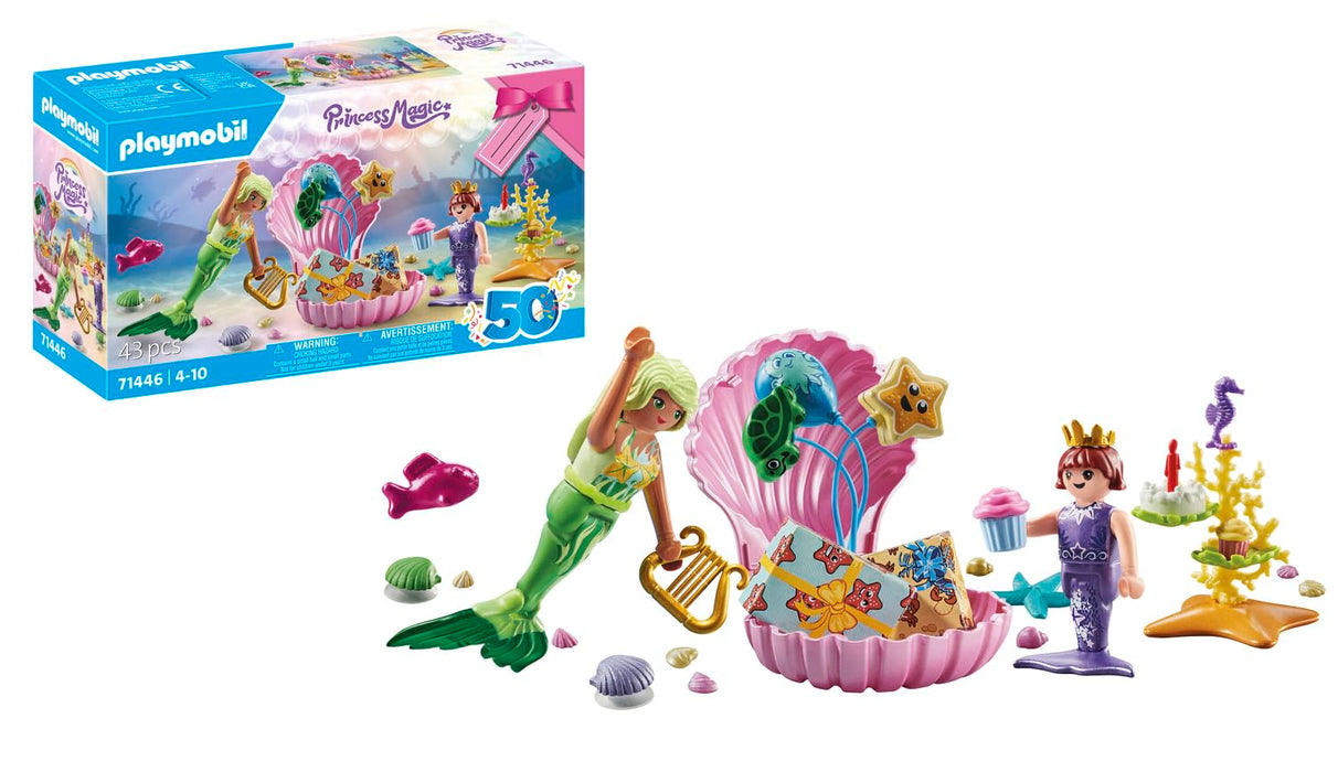 Playmobil 71446 Princess Magic: Mermaid Birthday Party, cheerful celebration with two mermaids and colourful gifts, fun imaginative role-play, artistic play sets suitable for children ages 4+