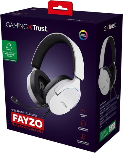 Trust Gaming GXT 490W Fayzo USB Gaming Headset 7.1 Surround Sound, 50mm Drivers, 35% Recycled Plastics, RGB Over-Ear Wired Headphones, with Noise Cancelling Microphone for PC PS5 - White USB 7.1 Surro