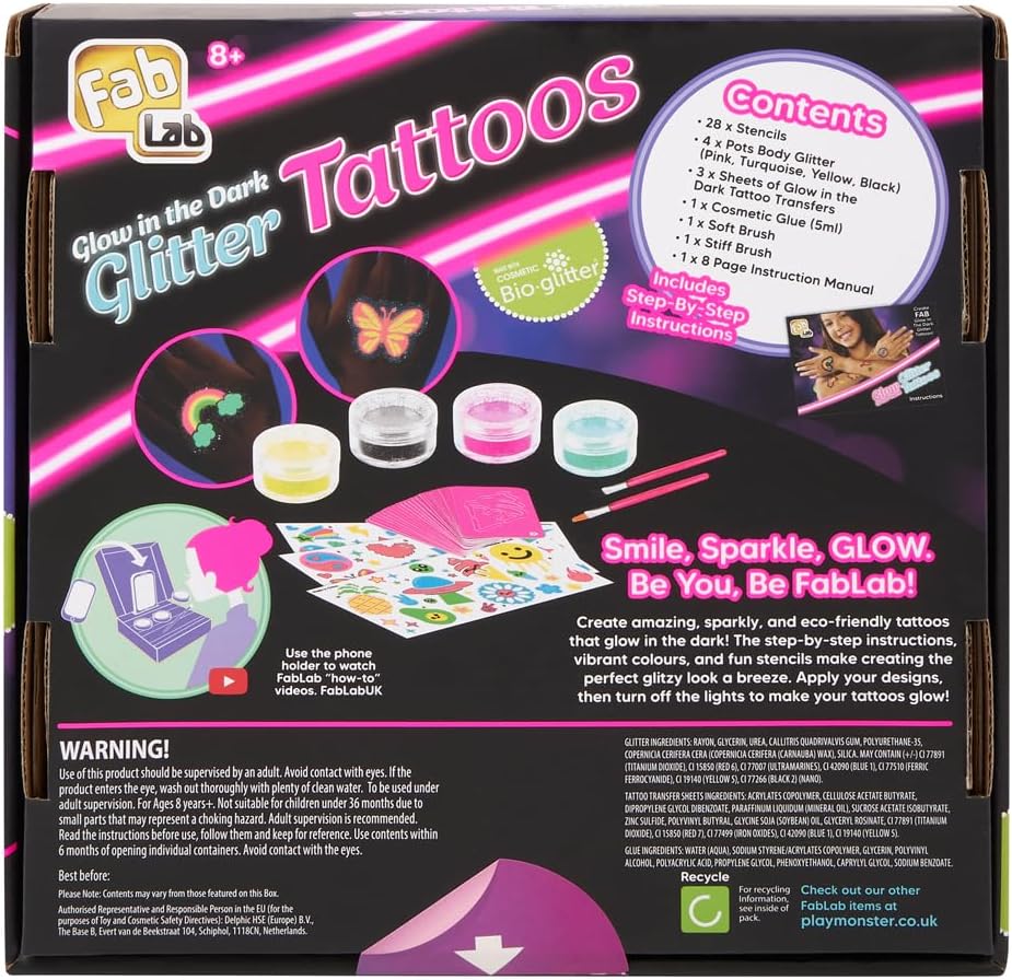 FabLab 24704 Glow in The Dark Glitter Tattoos Kit, Multi