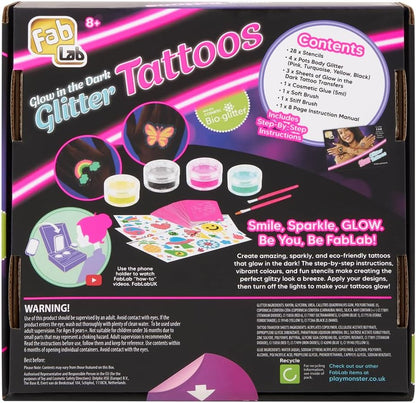 FabLab 24704 Glow in The Dark Glitter Tattoos Kit, Multi