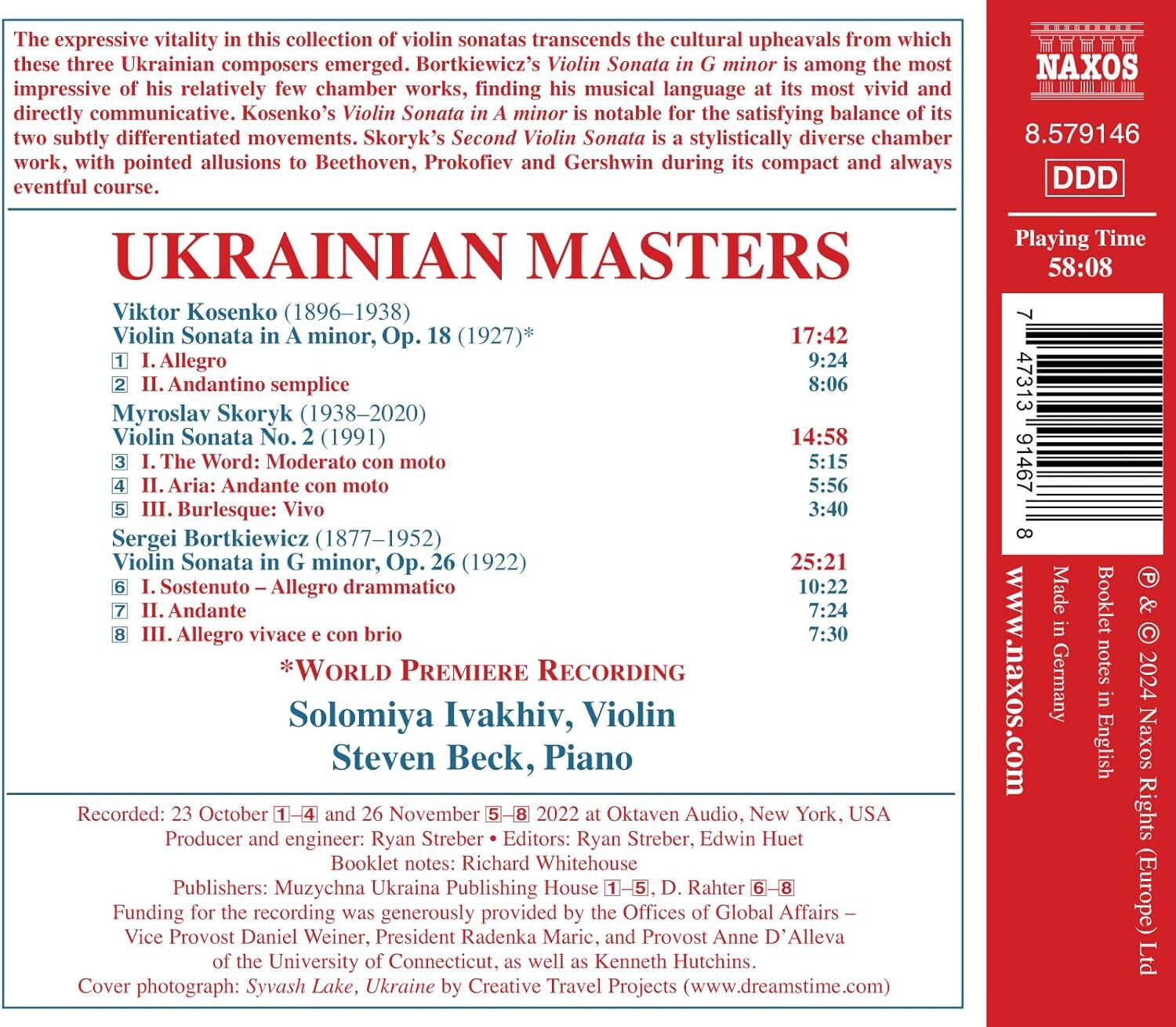 Solomiya Ivakhiv/Steven Beck: Ukrainian Masters: Bortkiewicz/Kosenko/Skoryk: Violin Sonatas