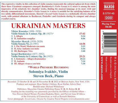 Solomiya Ivakhiv/Steven Beck: Ukrainian Masters: Bortkiewicz/Kosenko/Skoryk: Violin Sonatas