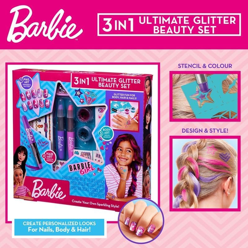 Cra-Z-Art 34072 Barbie 3 in 1 Ultimate Beauty Set Nail Art, Glitter Tattoos, Hair chalks Offcial Merchandise, Each