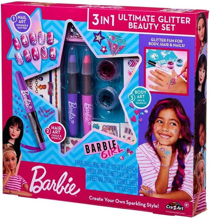 Cra-Z-Art 34072 Barbie 3 in 1 Ultimate Beauty Set Nail Art, Glitter Tattoos, Hair chalks Offcial Merchandise, Each