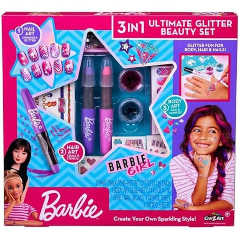Cra-Z-Art 34072 Barbie 3 in 1 Ultimate Beauty Set Nail Art, Glitter Tattoos, Hair chalks Offcial Merchandise, Each