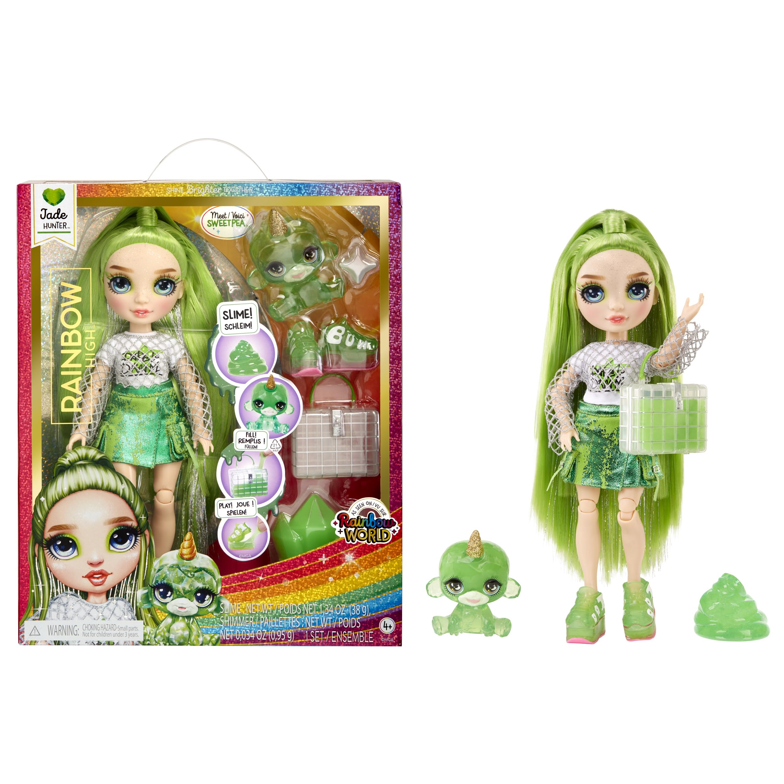 Rainbow High Fashion Doll with Slime & Pet - Jade (Green) - 28 cm Shimmer Doll with Sparkle Slime, Magical Pet and Fashion Accessories - Kids Toy - Great for Ages 4-12 Years