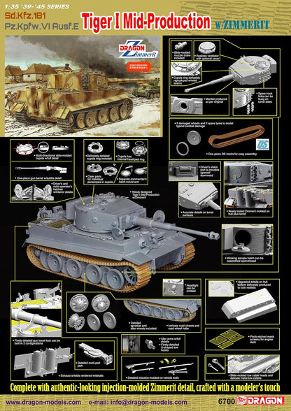 Dragon Models Tiger I Mid-Production Kit with Zimmerit (1/35 Scale)