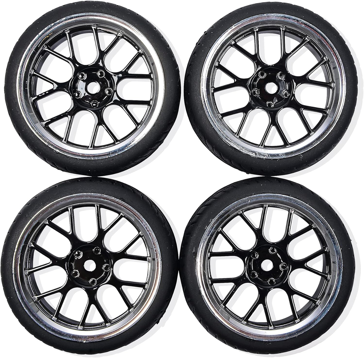 Carson 500900162 1:10 Wheel Y-Design2 (4) Black/Chrome-Model Building Accessories, Spare Part, Tuning, Tyre Set