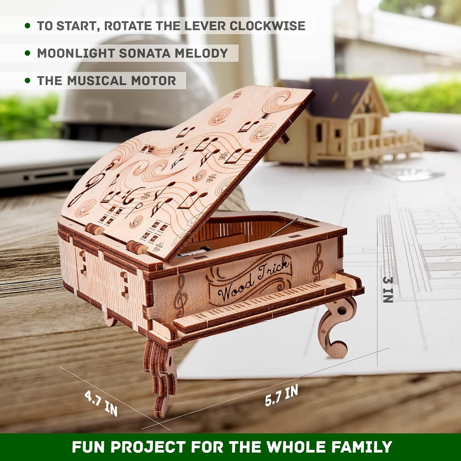 Wood Trick DIY Toy Piano Music Box Moonlight Sonata - 3D Wooden Puzzle, Assembly Toys, Brain Teaser for Adults and Kids, DIY Piano Kit