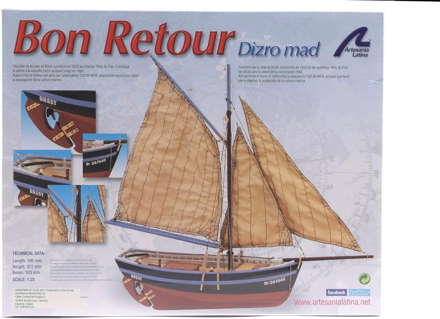 Artesanía Latina 19007. Wooden Ship Model French Fishing Boat Bon Retour 1:25 Scale. Modeling Kit to Be Built