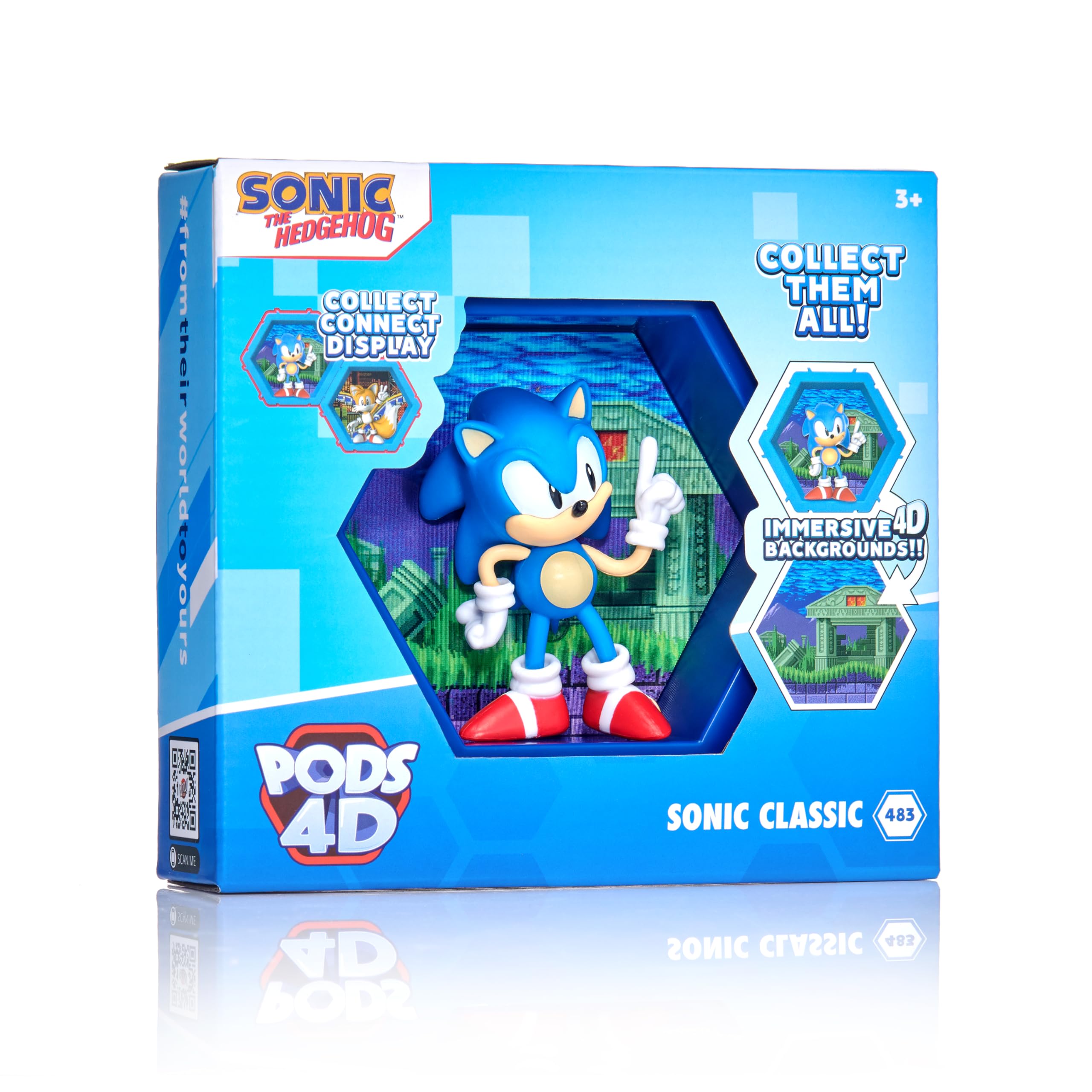 WOW! PODS 4D Classic Sonic | Unique Connectable Collectable Bobble-head figure that Bursts from their World into Yours | Wall or Shelf Display | Sonic Toys and Gifts | Series 1 no. 483