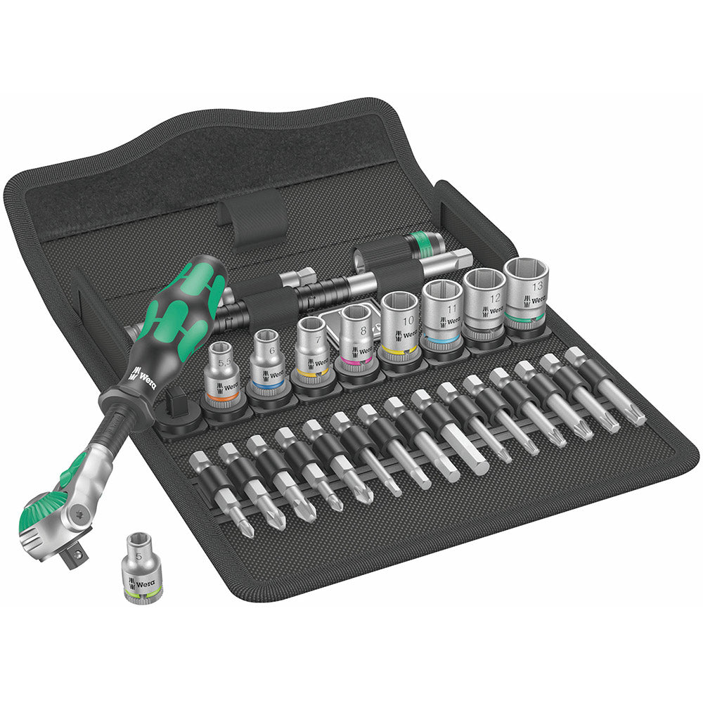 Wera 8100 SA 6 Zyklop Speed Ratchet Set, 1/4" Drive, Metric, Silver, 28 Pieces - 05004016001 & Compact Tool Set Kraftform 20" with Pouch, SL/PH/PZ, 7 Pieces