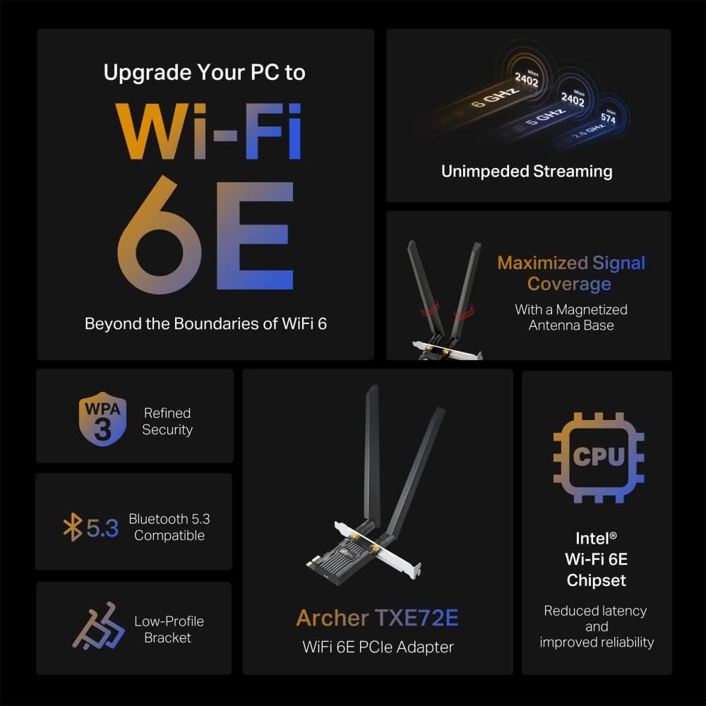 TP-Link AXE5400 Tri-Band Wi-Fi 6E Bluetooth 5.2 PCI Express Adapter with Two Antennas, Intel Wi-Fi 6E Chipset, Low-Profile Bracket Included, WPA3 Security (Archer TXE72E) AXE5400 Tri-Band Wi-Fi 6E+Bluetooth 5.3