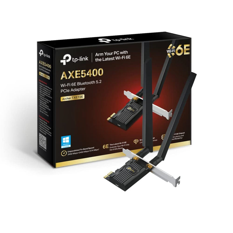 TP-Link AXE5400 Tri-Band Wi-Fi 6E Bluetooth 5.2 PCI Express Adapter with Two Antennas, Intel Wi-Fi 6E Chipset, Low-Profile Bracket Included, WPA3 Security (Archer TXE72E) AXE5400 Tri-Band Wi-Fi 6E+Bluetooth 5.3
